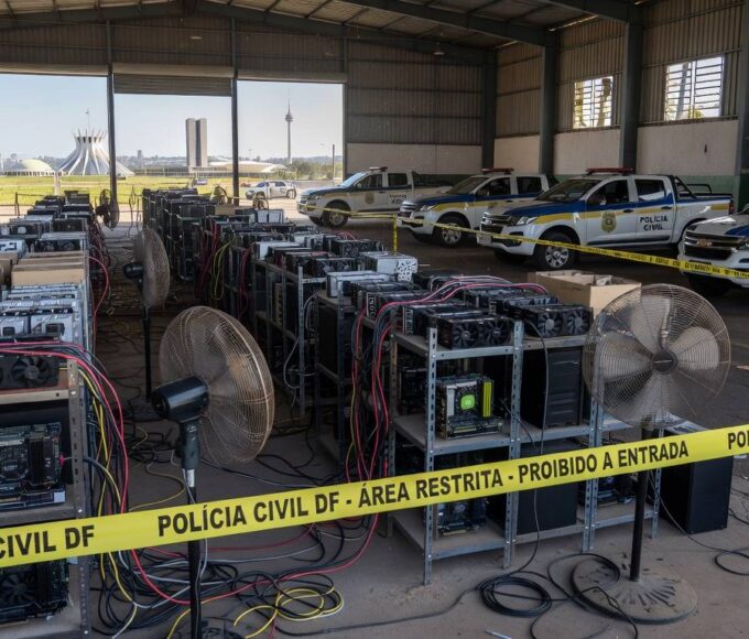 Equipamentos de mineração clandestina de criptomoedas desmantelados pela Polícia Civil no DF, com viaturas ao redor.