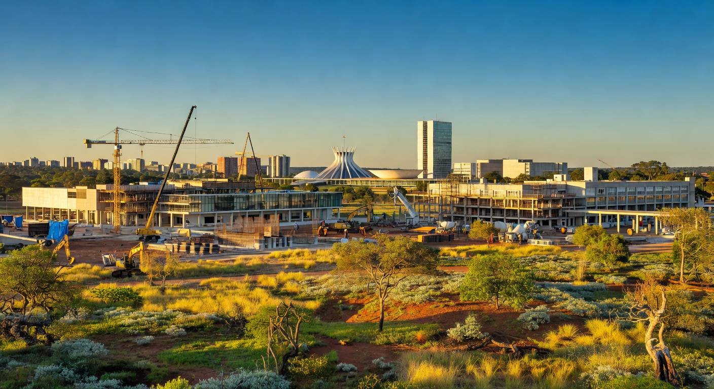 Vista de obras de infraestrutura, saúde e educação em Brasília, impulsionadas pelo GDF para melhorar a qualidade de vida no DF.