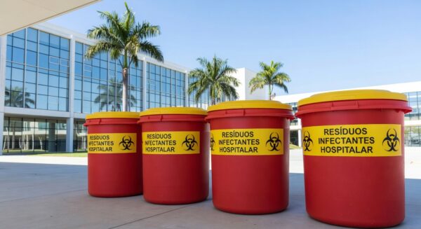 Hospital no DF com contêineres de resíduos para edital de gestão em UPAs e hospitais.