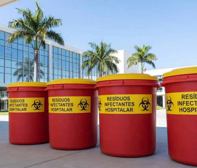 Hospital no DF com contêineres de resíduos para edital de gestão em UPAs e hospitais.