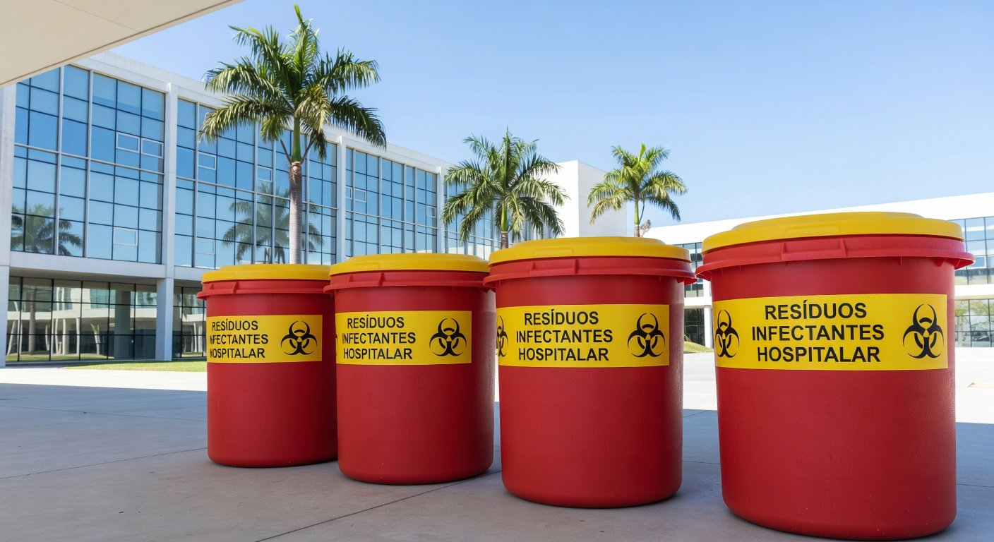 Hospital no DF com contêineres de resíduos para edital de gestão em UPAs e hospitais.