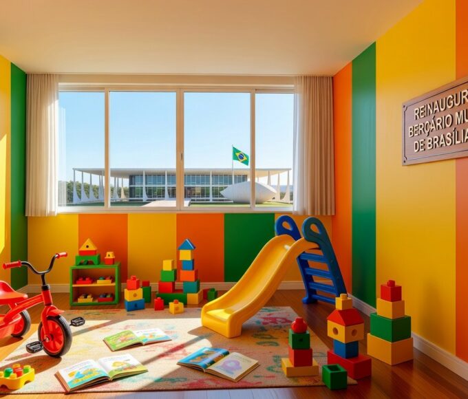 Fachada do Palácio do Buriti com placa de berçário infantil, celebrando apoio a servidoras mães no GDF.