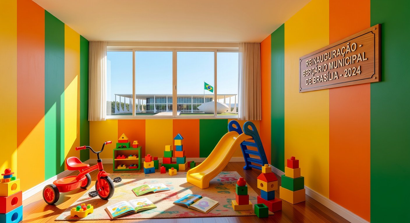 Fachada do Palácio do Buriti com placa de berçário infantil, celebrando apoio a servidoras mães no GDF.