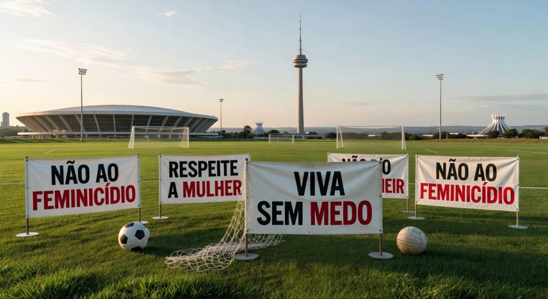 Banner simbólico contra feminicídio em edifício governamental de Brasília, Distrito Federal.