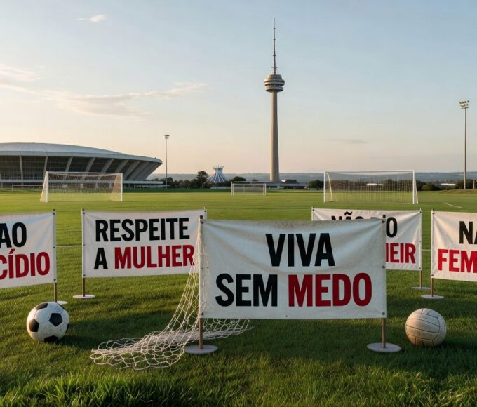 Banner simbólico contra feminicídio em edifício governamental de Brasília, Distrito Federal.