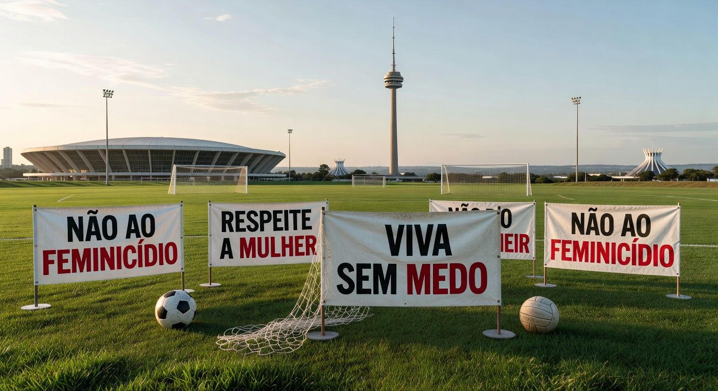 Banner simbólico contra feminicídio em edifício governamental de Brasília, Distrito Federal.
