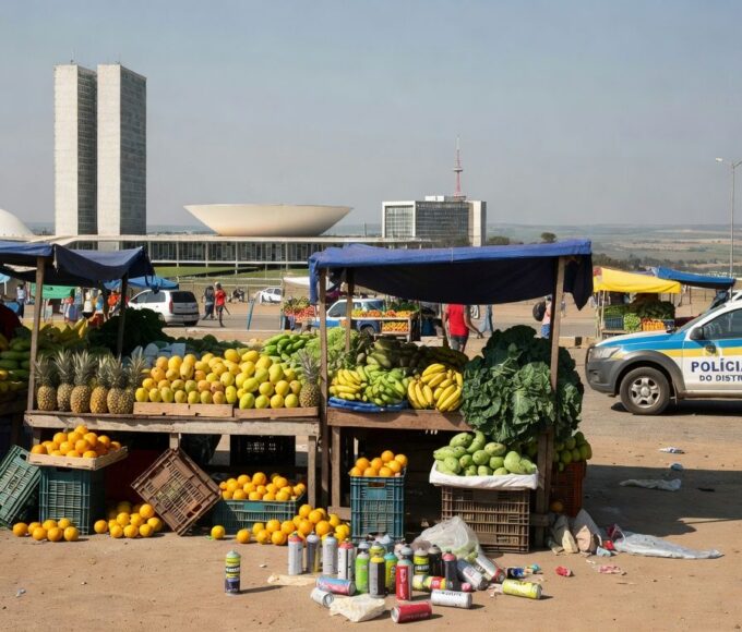 Viatura da PMDF em rua de Brasília com feira e ônibus ao fundo, representando detenção por uso de spray de gás.