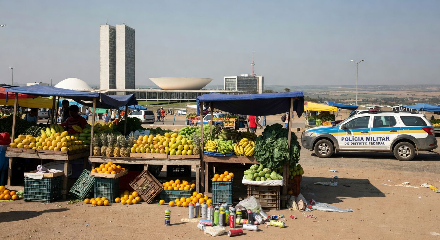Viatura da PMDF em rua de Brasília com feira e ônibus ao fundo, representando detenção por uso de spray de gás.