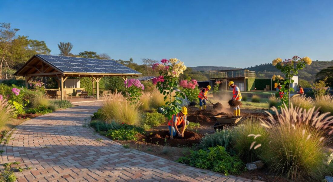 Obras sustentáveis com painéis solares e plantio de árvores no Parque do Recanto das Emas, Distrito Federal.