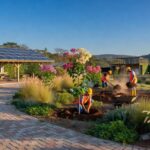 Obras sustentáveis com painéis solares e plantio de árvores no Parque do Recanto das Emas, Distrito Federal.