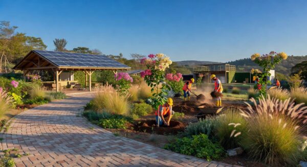Obras sustentáveis com painéis solares e plantio de árvores no Parque do Recanto das Emas, Distrito Federal.