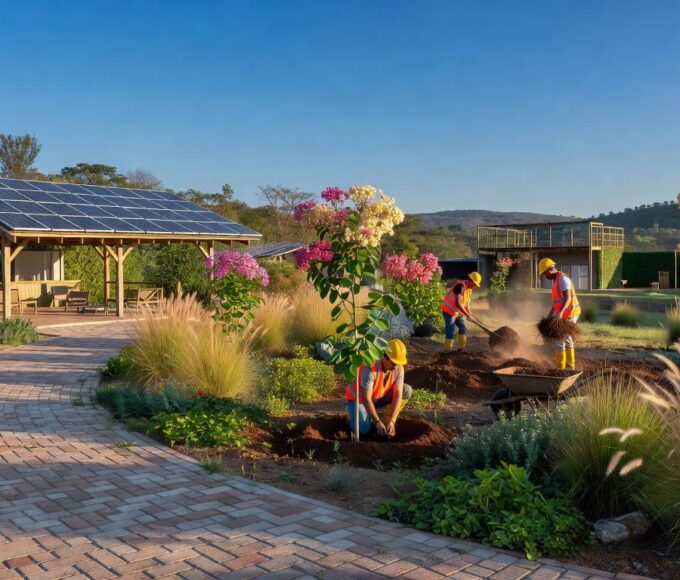 Obras sustentáveis com painéis solares e plantio de árvores no Parque do Recanto das Emas, Distrito Federal.