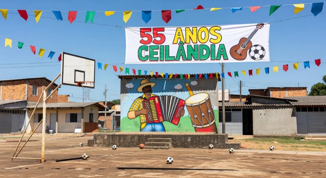 Praça em Ceilândia com decorações para os 55 anos, elementos culturais e esportivos em Brasília.