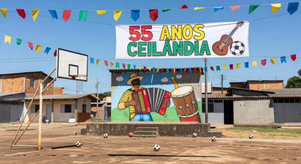 Praça em Ceilândia com decorações para os 55 anos, elementos culturais e esportivos em Brasília.