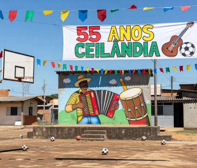 Praça em Ceilândia com decorações para os 55 anos, elementos culturais e esportivos em Brasília.