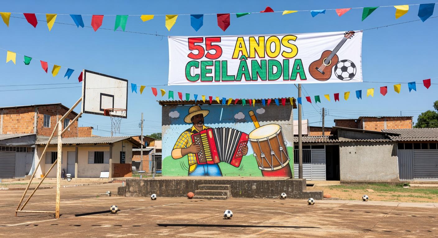 Praça em Ceilândia com decorações para os 55 anos, elementos culturais e esportivos em Brasília.