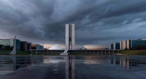 Vista da sede da Caesb em Brasília com bandeira a meio mastro, simbolizando falecimento repentino de advogado Marcelo Reis.