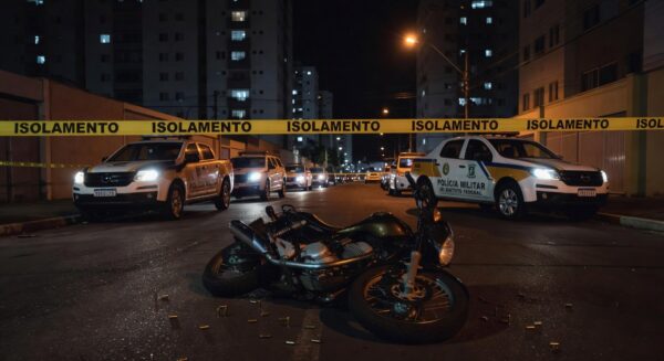 Cena de rua em Taguatinga, DF, com viaturas policiais e fita de isolamento após tiroteio, sem pessoas.