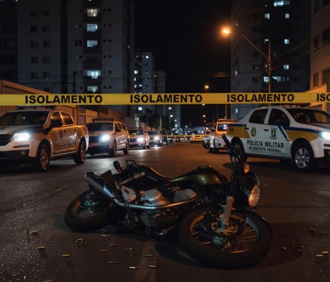 Cena de rua em Taguatinga, DF, com viaturas policiais e fita de isolamento após tiroteio, sem pessoas.