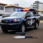 Viatura da Polícia Militar em rua de Vicente Pires, com itens apreendidos como simulacro de arma e faca, em cena de detenção.