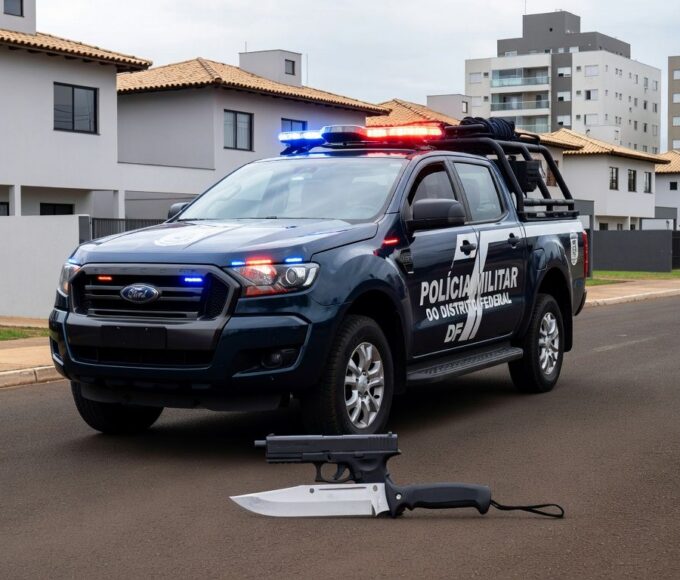 Viatura da Polícia Militar em rua de Vicente Pires, com itens apreendidos como simulacro de arma e faca, em cena de detenção.