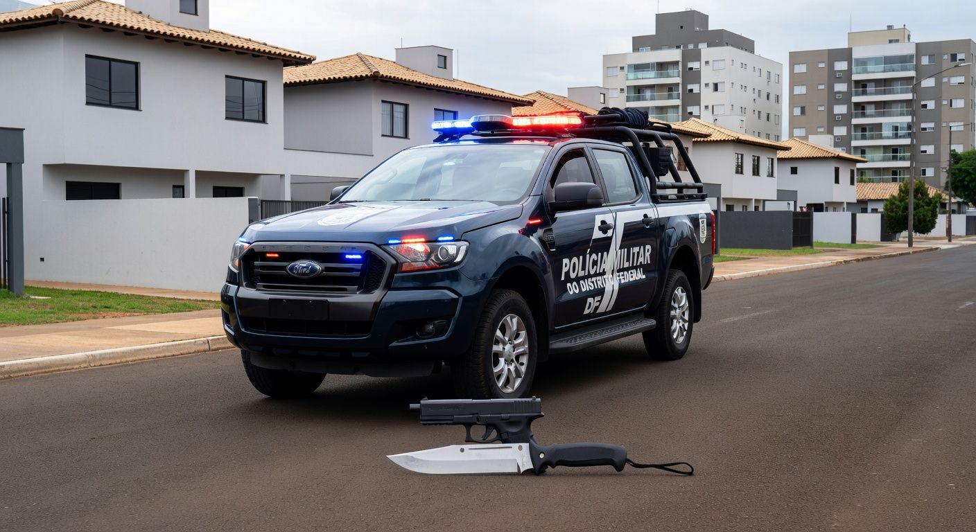 Viatura da Polícia Militar em rua de Vicente Pires, com itens apreendidos como simulacro de arma e faca, em cena de detenção.
