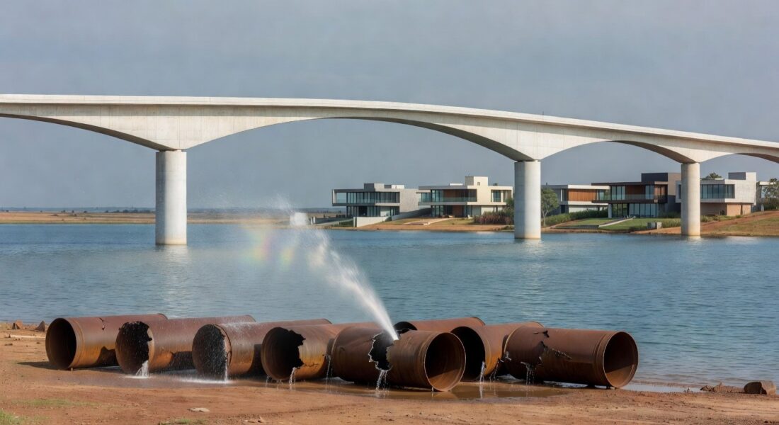 Tubulações de água obsoletas e enferrujadas no Lago Sul, Brasília, expondo negligência em sistemas de abastecimento.