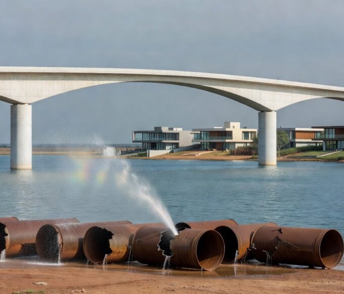 Tubulações de água obsoletas e enferrujadas no Lago Sul, Brasília, expondo negligência em sistemas de abastecimento.