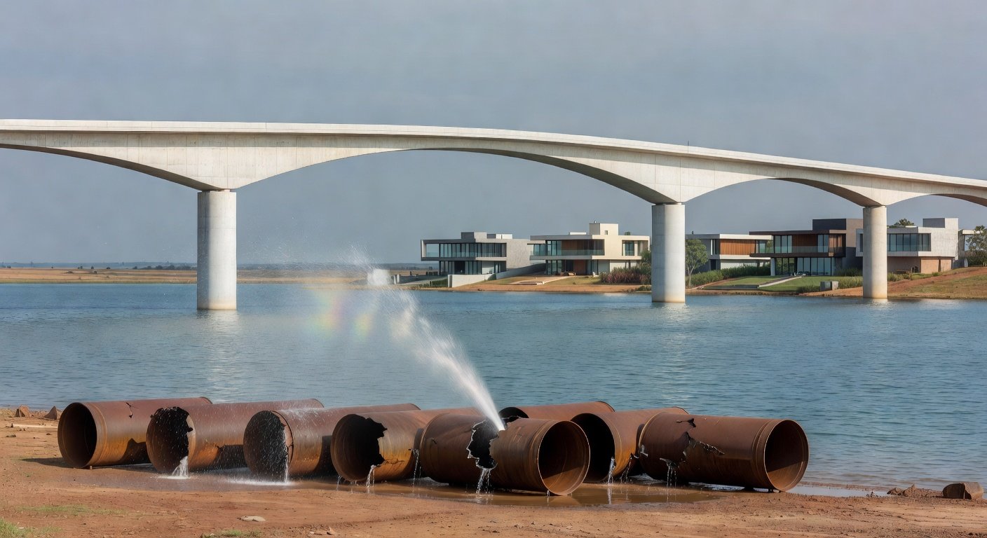 Tubulações de água obsoletas e enferrujadas no Lago Sul, Brasília, expondo negligência em sistemas de abastecimento.