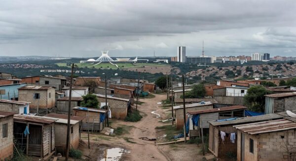 Vista panorâmica de Ceilândia com casas humildes e skyline de Brasília ao fundo, destacando desigualdades urbanas.