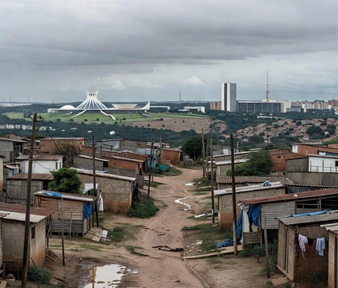 Vista panorâmica de Ceilândia com casas humildes e skyline de Brasília ao fundo, destacando desigualdades urbanas.