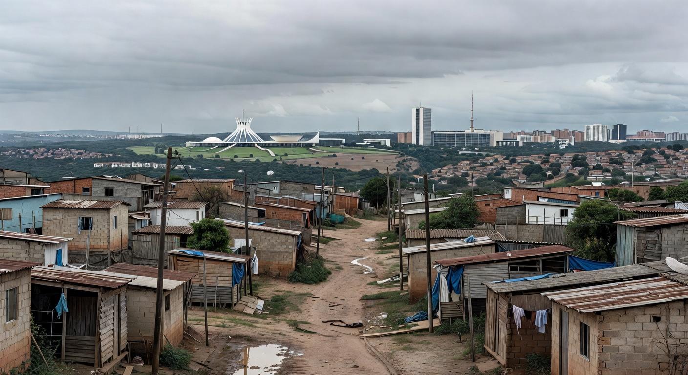 Vista panorâmica de Ceilândia com casas humildes e skyline de Brasília ao fundo, destacando desigualdades urbanas.