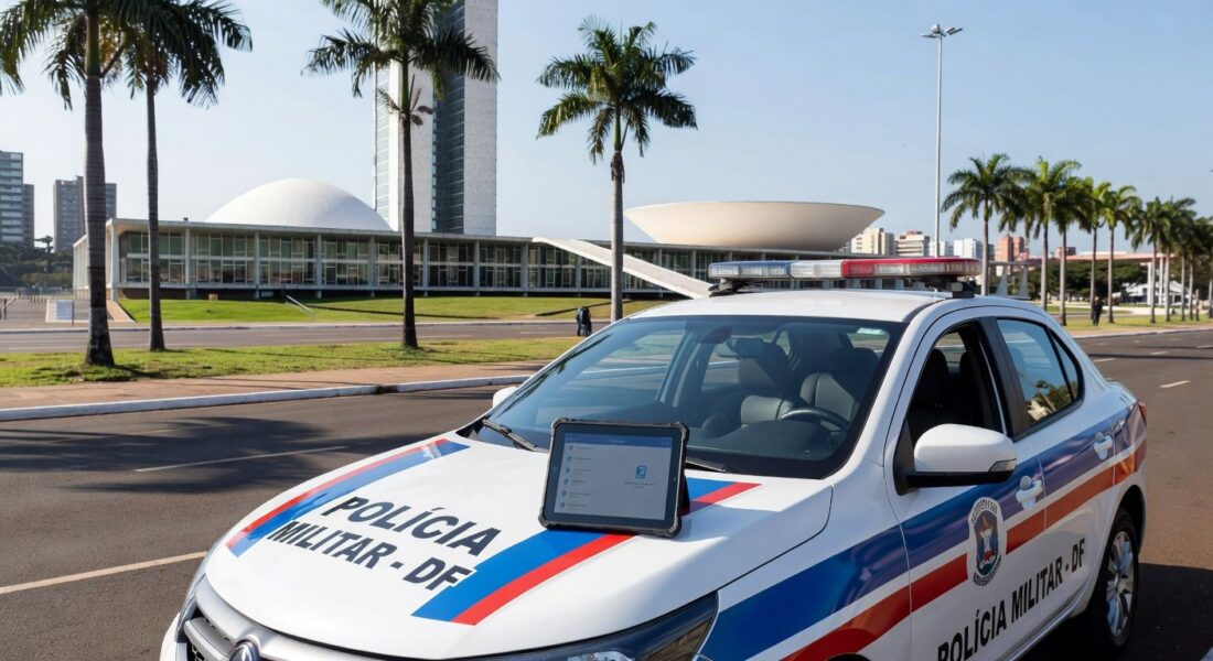 Viatura da PMDF em Brasília com smartphone exibindo app Nexus para agilizar relatórios policiais.