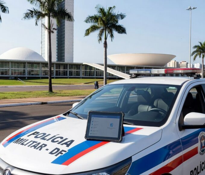 Viatura da PMDF em Brasília com smartphone exibindo app Nexus para agilizar relatórios policiais.
