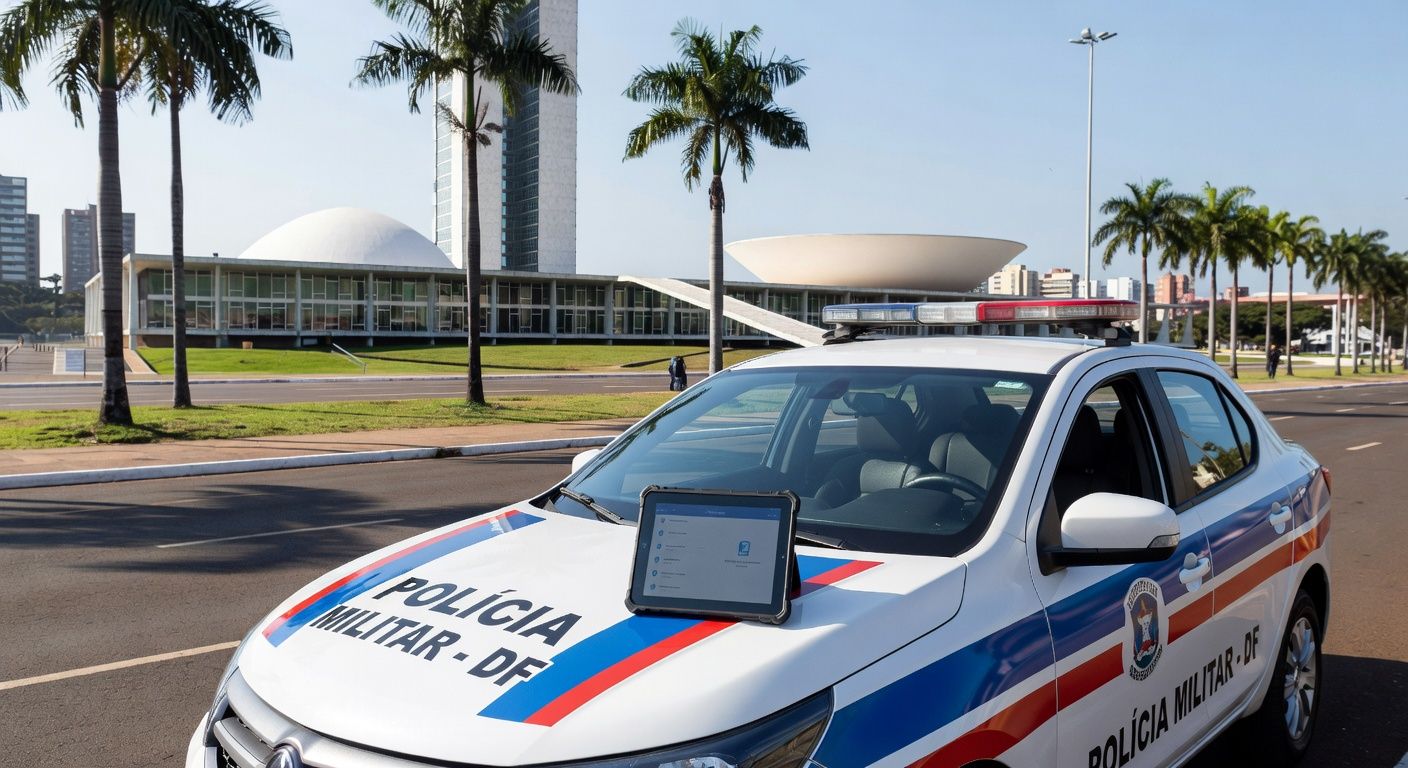 Viatura da PMDF em Brasília com smartphone exibindo app Nexus para agilizar relatórios policiais.
