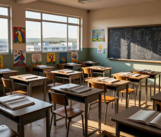 Escola em Sobradinho com materiais de alfabetização, representando jornada pedagógica no DF.