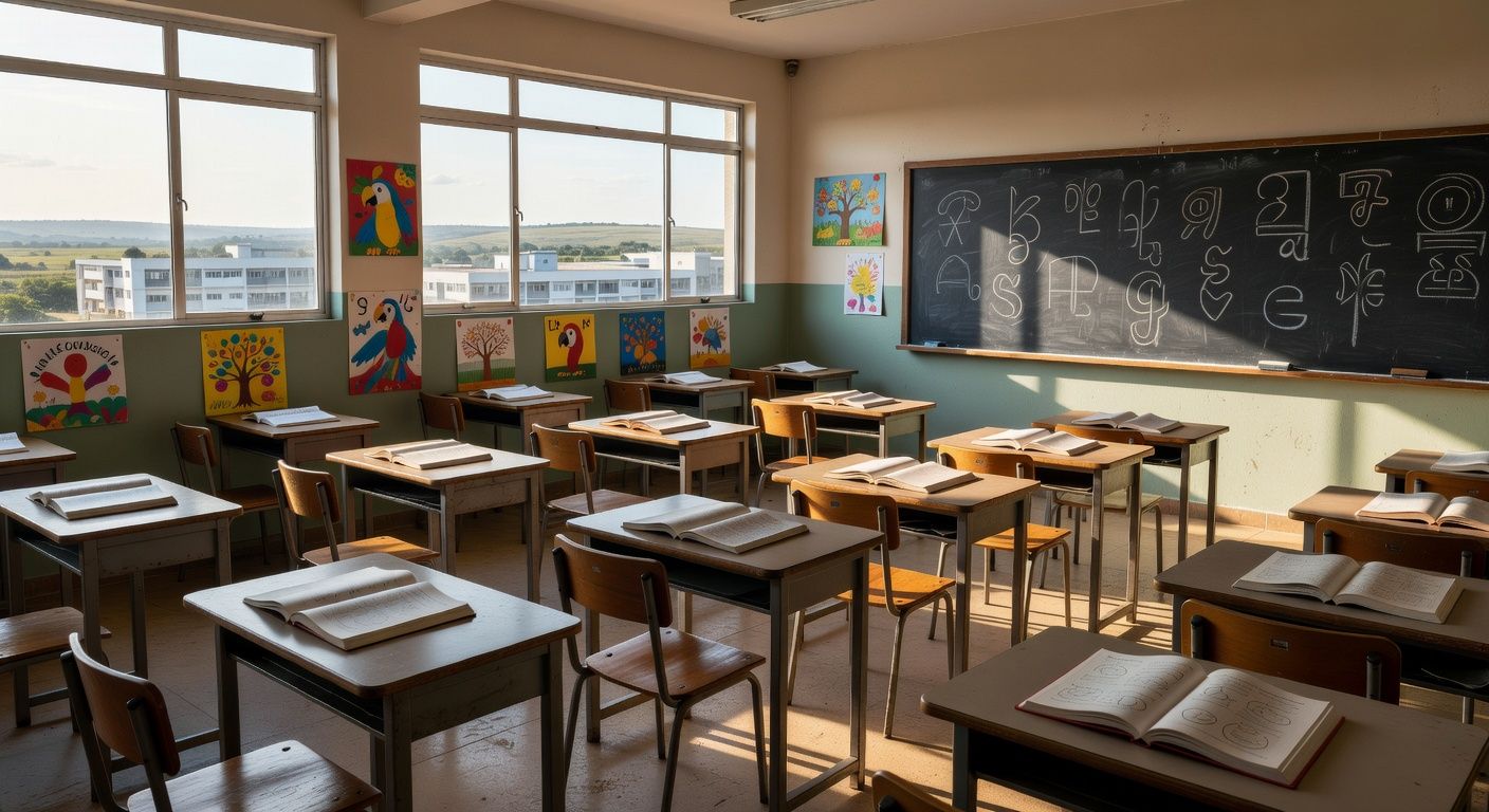 Escola em Sobradinho com materiais de alfabetização, representando jornada pedagógica no DF.