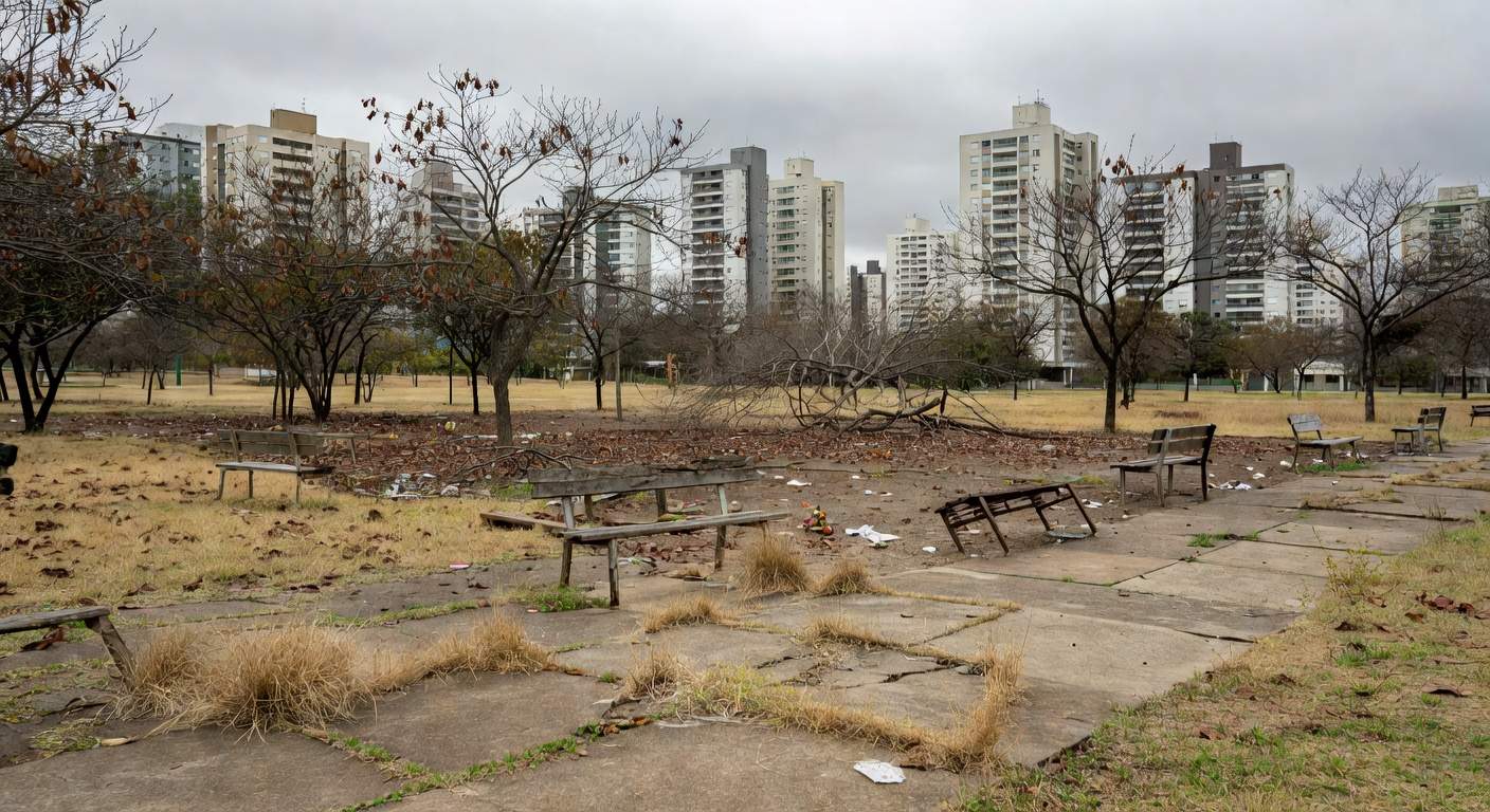 Parque abandonado em Águas Claras com grama seca, bancos quebrados e prédios ao fundo, destacando negligência em áreas verdes.