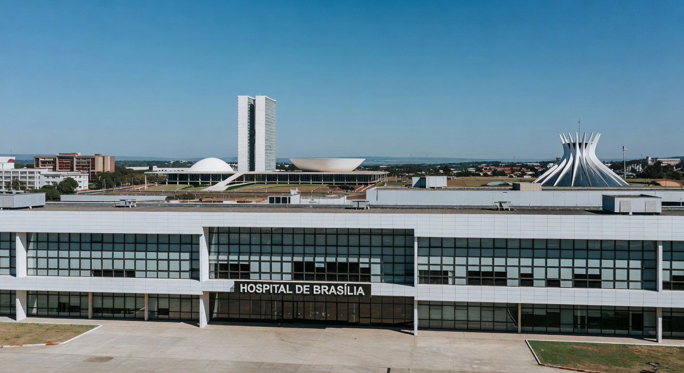Hospital em Brasília com arquitetura icônica ao fundo, representando redirecionamento de R$ 25 milhões para saúde após cancelamento de comemorações.