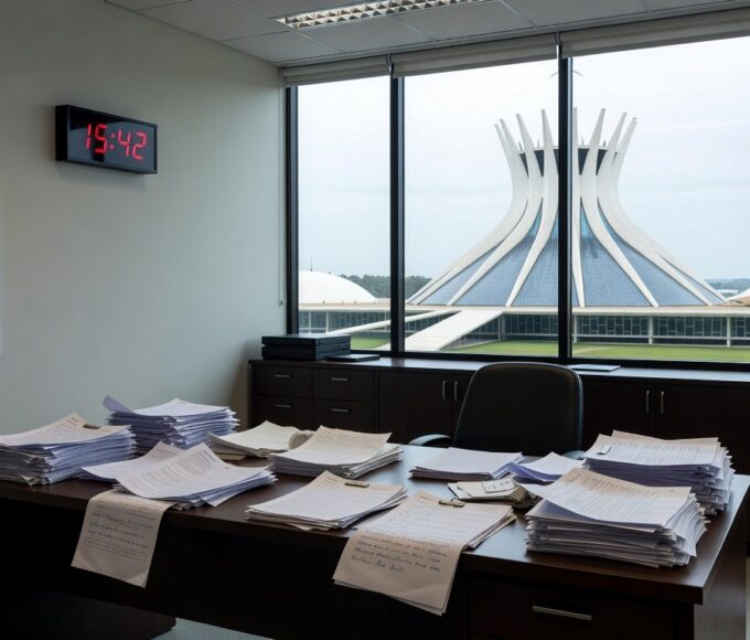 Mesa com documentos financeiros e calendário de prazo vencido, representando perda de prazo do BRB e risco de sanções do Banco Central.