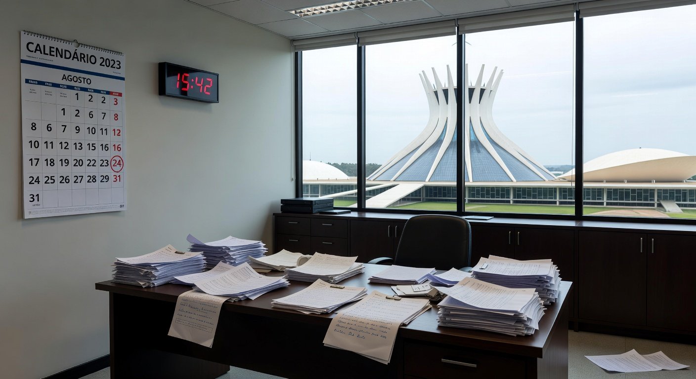 Mesa com documentos financeiros e calendário de prazo vencido, representando perda de prazo do BRB e risco de sanções do Banco Central.