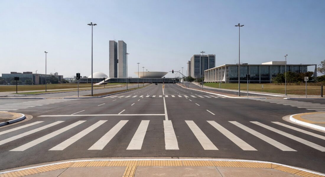 Faixa de pedestre em avenida de Brasília, celebrando 29 anos e redução de 70% em mortes por atropelamento pelo Detran-DF.
