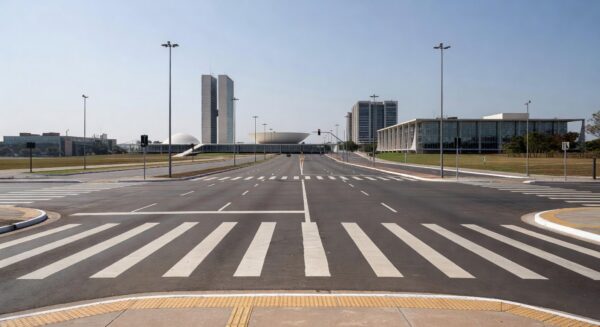 Faixa de pedestre em avenida de Brasília, celebrando 29 anos e redução de 70% em mortes por atropelamento pelo Detran-DF.