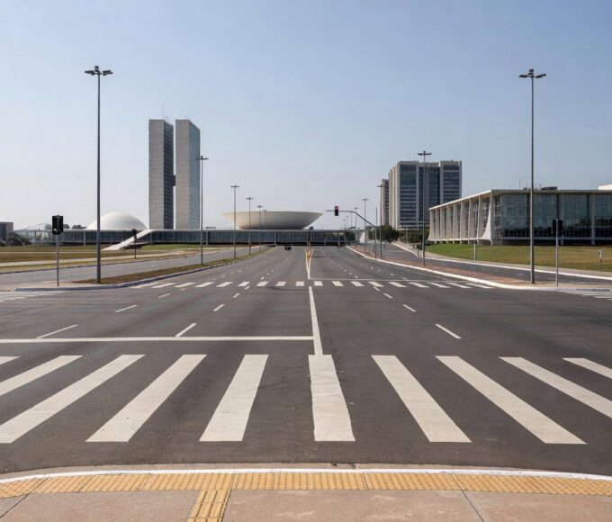 Faixa de pedestre em avenida de Brasília, celebrando 29 anos e redução de 70% em mortes por atropelamento pelo Detran-DF.