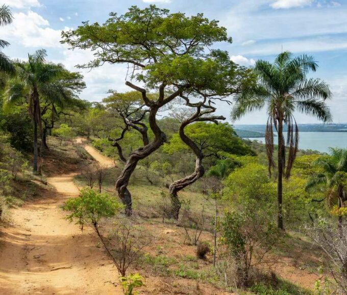 Paisagem da Serrinha do Paranoá com colinas verdes e Lago Paranoá, representando anúncio de parque ambiental.
