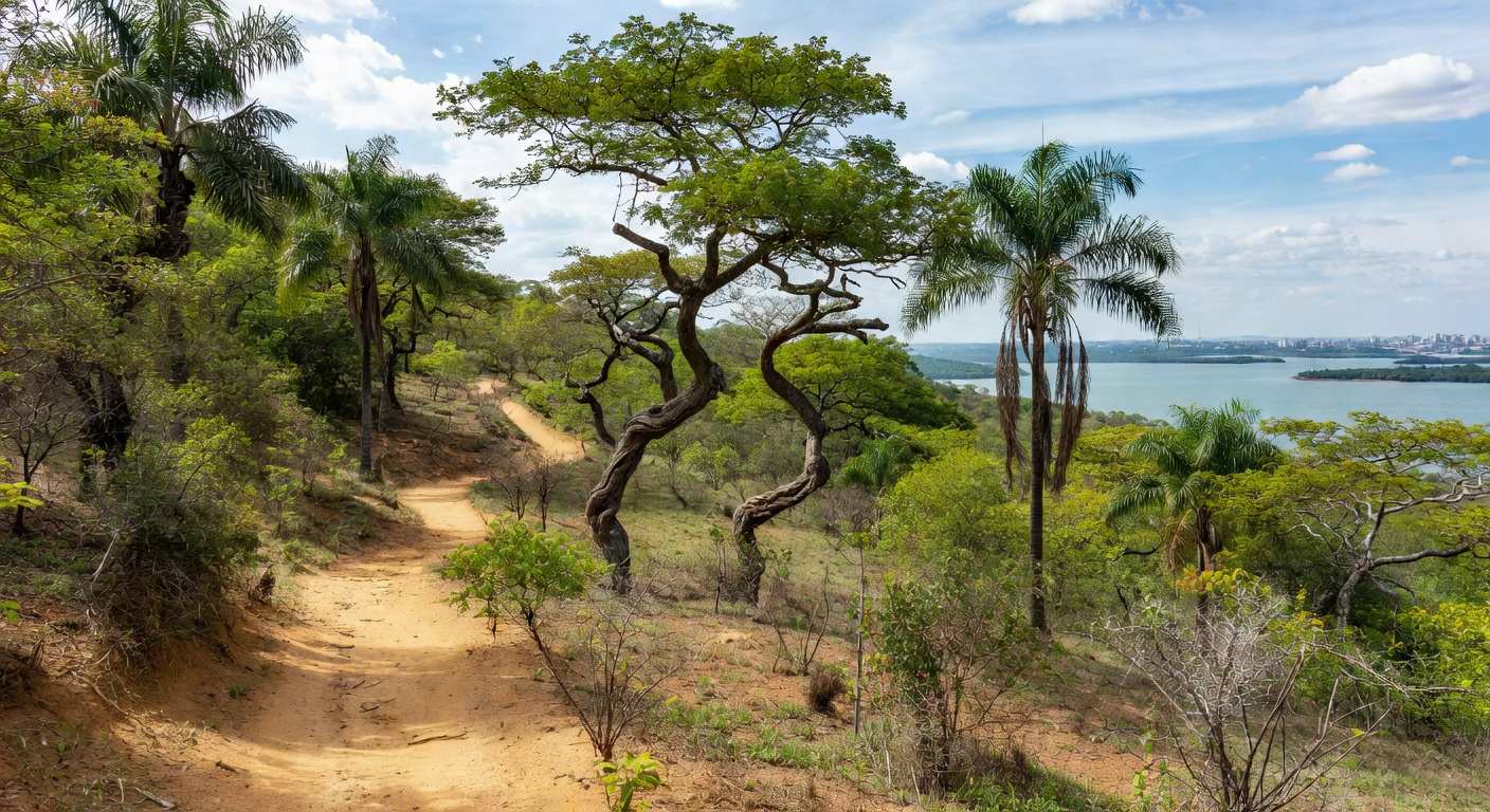 Paisagem da Serrinha do Paranoá com colinas verdes e Lago Paranoá, representando anúncio de parque ambiental.