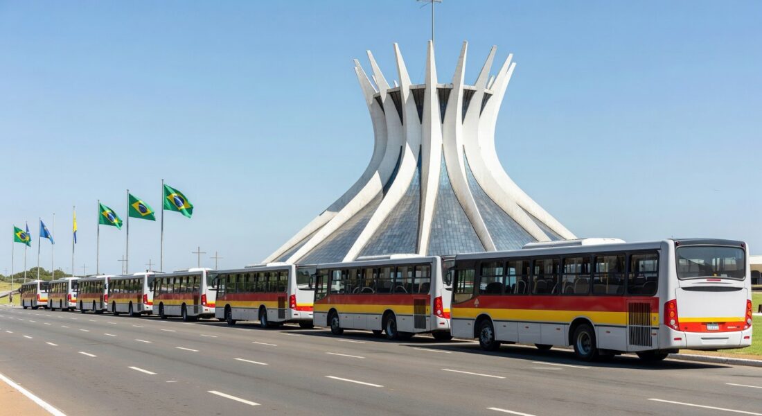 Ônibus gratuitos estacionados perto do Estádio Mané Garrincha em Brasília para eventos da Semana Santa.