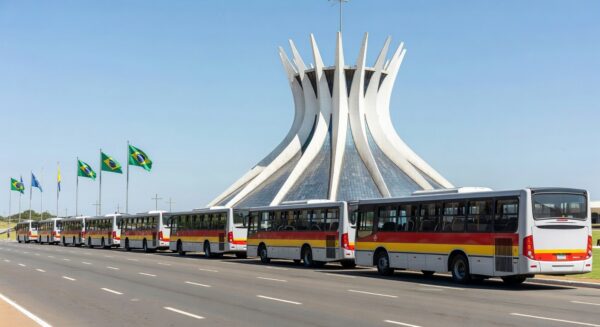 Ônibus gratuitos estacionados perto do Estádio Mané Garrincha em Brasília para eventos da Semana Santa.