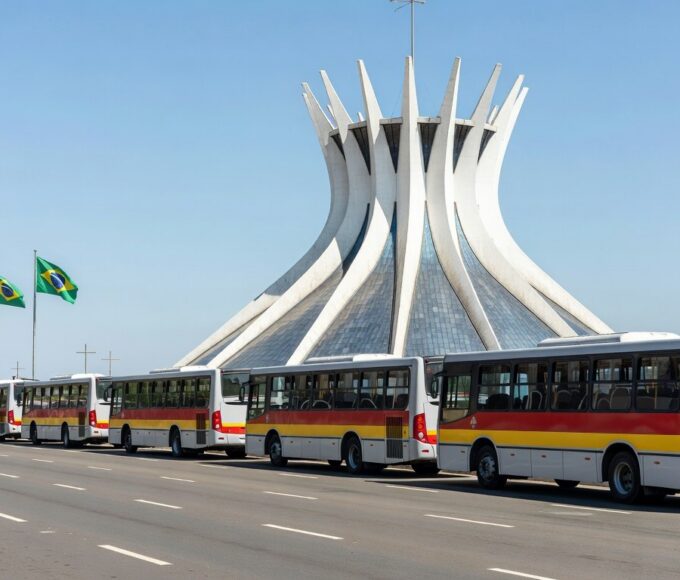 Ônibus gratuitos estacionados perto do Estádio Mané Garrincha em Brasília para eventos da Semana Santa.