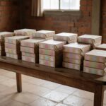 Pilhas de caixas de chocolate doadas para Páscoa solidária no Jornal de Brasília.